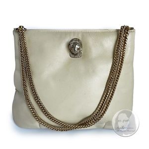 Vintage Ruth Saltz Shoulder Bag Retro 80s Eggshell Leather with Cougar Head